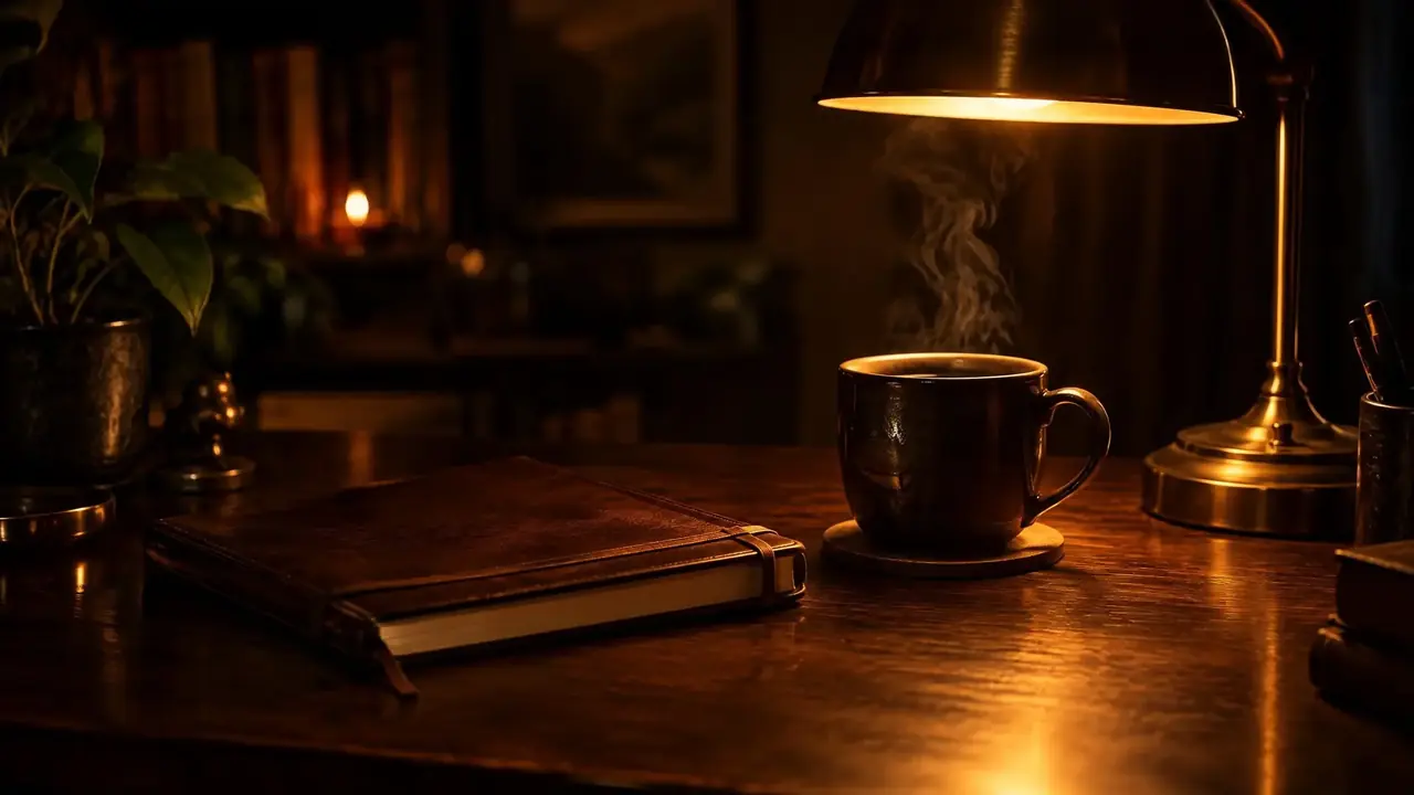 夜里的书桌,窗外是城市夜空与隐约的星点,桌上有笔记本与一杯茶